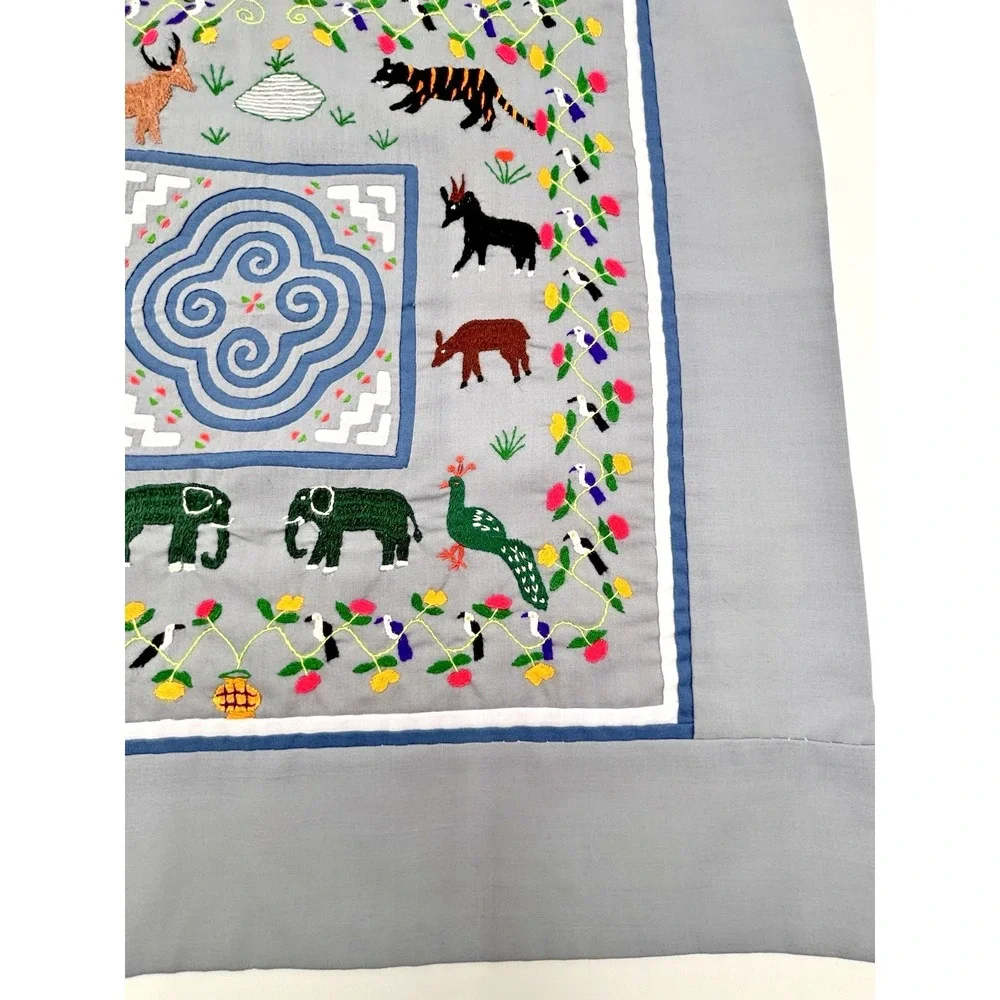 Vintage Hmong Hand Embroidered Story Cloth Tapestry Matching Set of 2 17.5x17.5